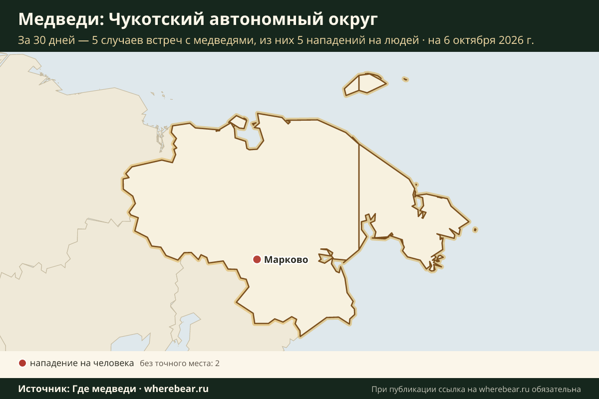 Карта: где в Чукотском автономном округе видели медведей за 30 дней